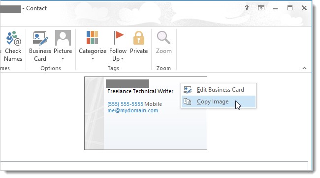 microsoft outlook business card picture